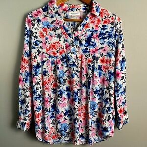 Motherhood Maternity Colorful Allover Floral Print V-Neck Collared Top Small